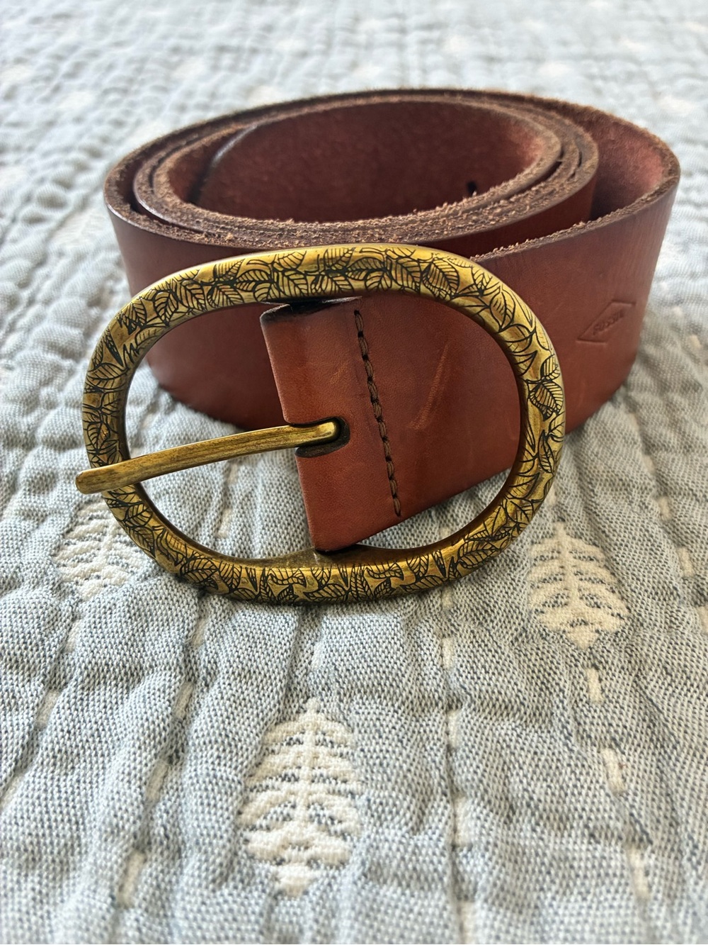Fossil Brown Leather Belt with Etched Brass Oval Buckle